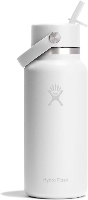Hydro Flask Water Bottle - Insulated Stainless Steel - Wide Mouth Flex Straw Lid. Non Spill. Leakproof and Refillable in 32 Oz Tonal White