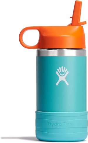 Hydro Flask Kids Water Bottle for School - Stainless Steel and Insulated with Straw Cap - 12 Oz in Seaspray Blue